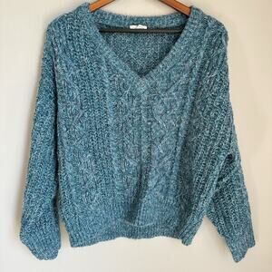 Sundance Wool Blend Chunky Cable Knit Sweater V-Neck Cozy Fall Winter Size Large